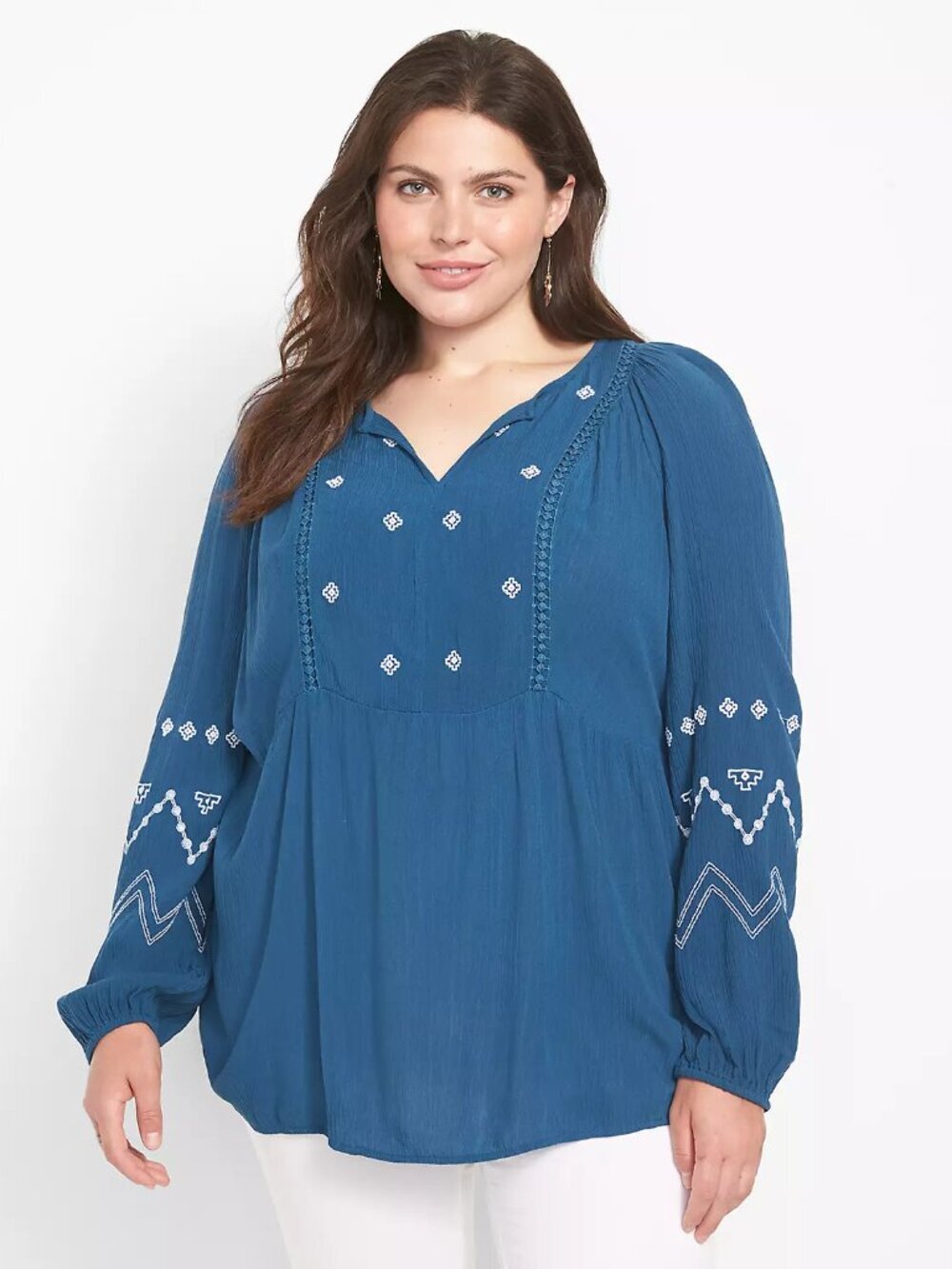 Lane Bryant Ink Blue Classic Split-Neck Embroidered Peasant Top in Size 18